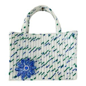 Vintage Needlepoint Purse Handmade Top Handle Bag White Blue Green Handmade Boho